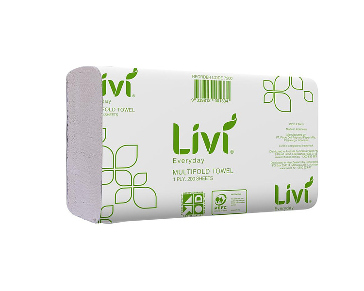 Livi Everyday Multifold Hand Towel 1Ply 200Sheet 20/Ctn
